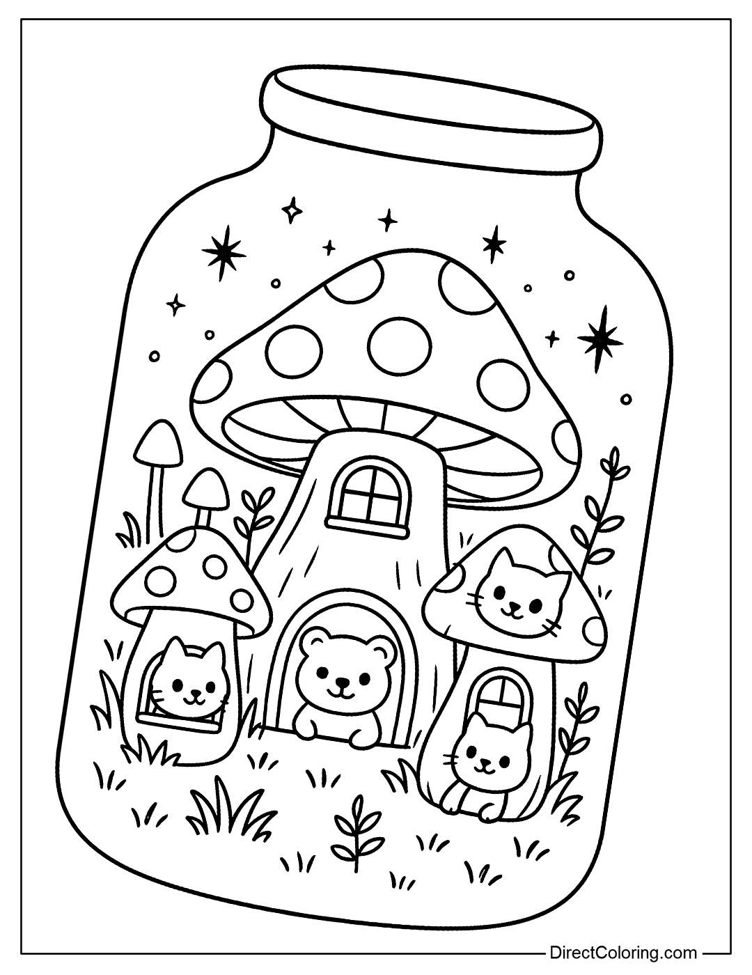 Mushroom-shaped houses in jars, with small creatures (bears, cats) living inside